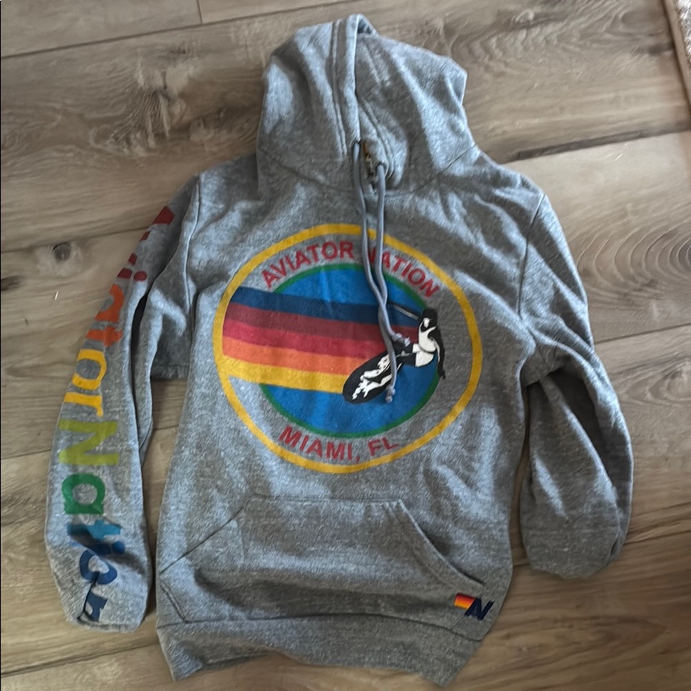 Aviator Nation Gray and Red Sweater with Vibrant Rainbow Design